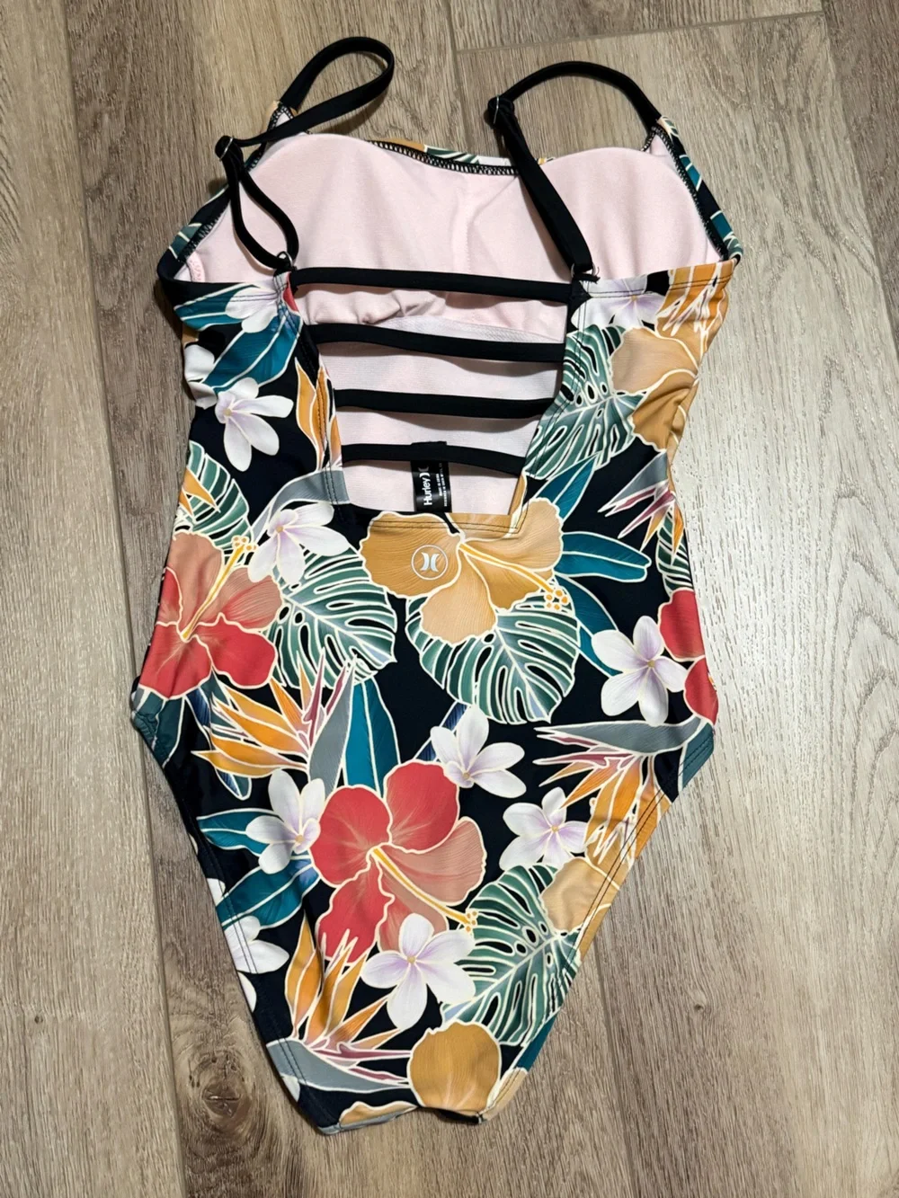 Hurley Black Floral One-Piece Swimsuit with Coral, Mustard and Teal
